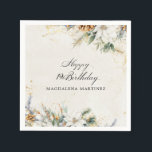 19e Verjaardagsfeest Witte Winter Bloemen Custom Servet<br><div class="desc">Elegante winterwitte bloemen zijn genesteld in dennengroen en pinecones. De zachte ivoorwitte waterverf wasachtergrond is geaccentueerd met gouden vlekken om een verfijnde en chique esthetiek te creëer.</div>