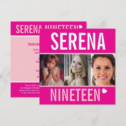 19e verjaardagsfeestdag, foto roze kaart (Voorkant / Achterkant)