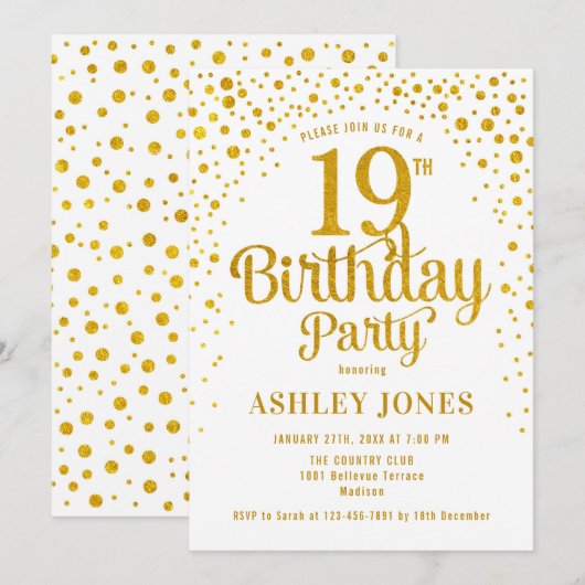 19e verjaardagsfeestje - Wit & Goud Kaart (Voorkant / Achterkant)