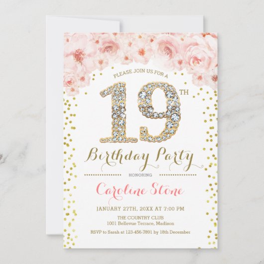 19e verjaardagsfeestje - wit goud roze kaart (Voorkant)