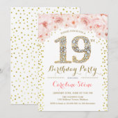 19e verjaardagsfeestje - wit goud roze kaart (Voorkant / Achterkant)