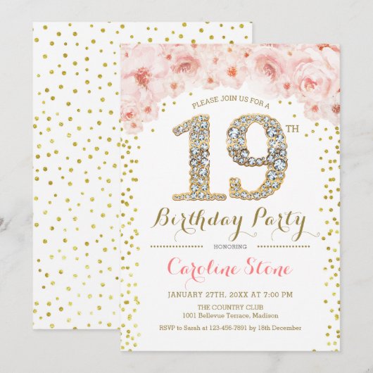 19e verjaardagsfeestje - wit goud roze kaart (Voorkant / Achterkant)