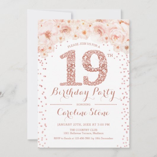 19e verjaardagsfeestje - Wit Rose Gold Kaart (Voorkant)