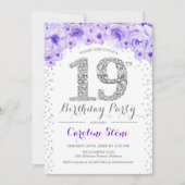 19e verjaardagsfeestje - Wit Zilver Paars Kaart (Voorkant)