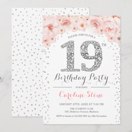 19e verjaardagsfeestje - wit zilver roze kaart (Voorkant / Achterkant)