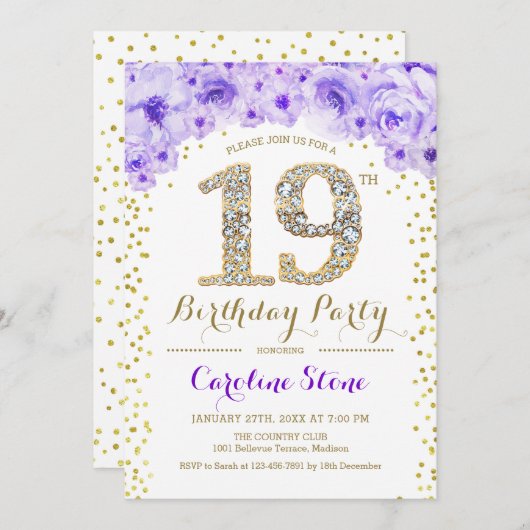 19e verjaardagsfeestje - witgoud Paarse Kaart (Voorkant / Achterkant)