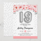 19e verjaardagsfeestje - zilveren ballonnen kaart (Voorkant / Achterkant)