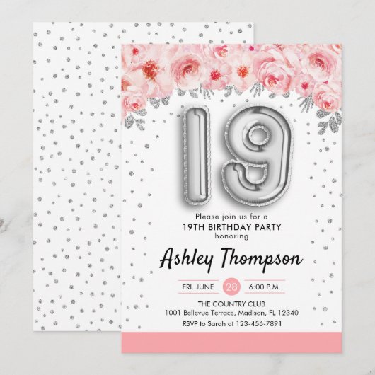 19e verjaardagsfeestje - zilveren ballonnen kaart (Voorkant / Achterkant)