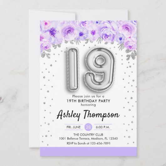 19e verjaardagsfeestje - zilveren ballonnen lavend kaart (Voorkant)