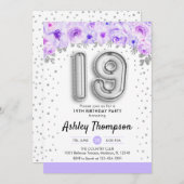 19e verjaardagsfeestje - zilveren ballonnen lavend kaart (Voorkant / Achterkant)