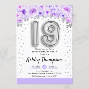 19e verjaardagsfeestje - zilveren ballonnen lavend kaart