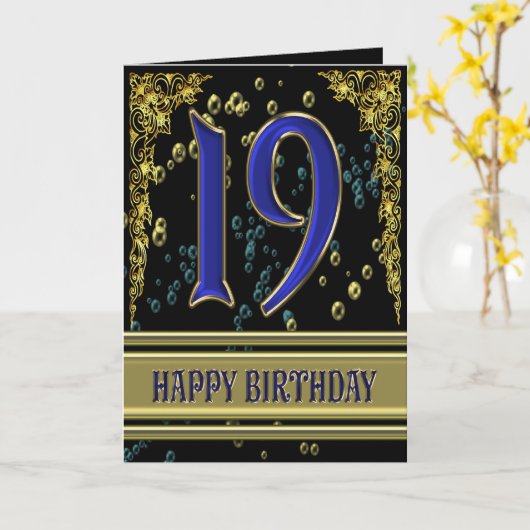 19e verjaardagskaart met goud en bubbels kaart (Gele Bloem)