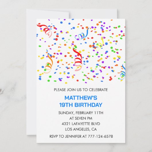 19e verjaardagsuitnodiging Confetti Rainbow Boy Kaart (Voorkant)