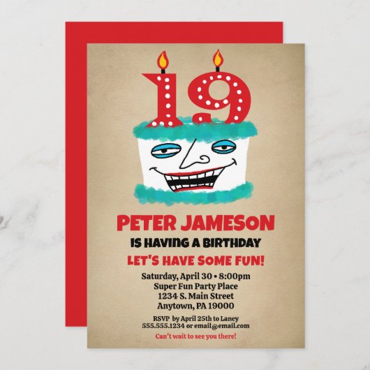 19e Verjaardagsuitnodiging Grappige taart Casual M Kaart (Voorkant / Achterkant)