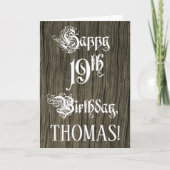 19th Birthday: Fancy, Elegant Text; Faux Wood Look Kaart (Voorkant)