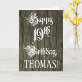 19th Birthday: Fancy, Elegant Text; Faux Wood Look Kaart (Gele Bloem)