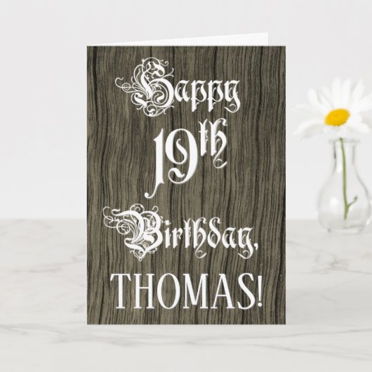 19th Birthday: Fancy, Elegant Text; Faux Wood Look Kaart (Kleine Plant)