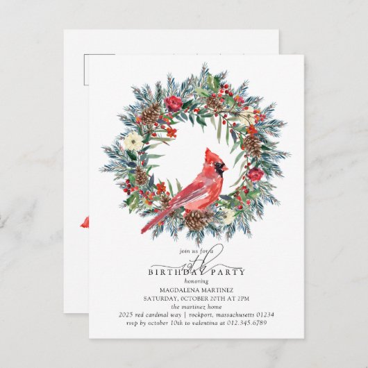 19th Birthday Party Red Cardinal Wreath Uitnodiging Briefkaart (Voorkant / Achterkant)