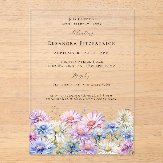 19th Birthday Party September Birth Month Flower  Acryl Uitnodigingen (Voorkant)