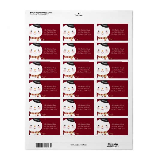 1.25 "x2.75" Crimson Red Snowman Mailing Adres Etiket (Full Sheet)