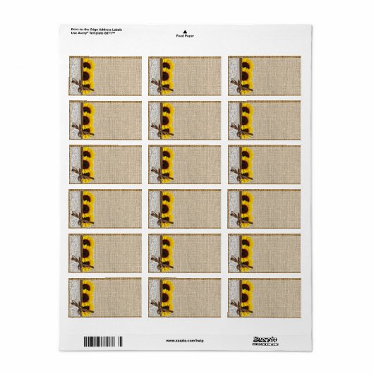 1.25 "x2.75" Mailing Adres Zonnebloem Kant Burlap Etiket (Full Sheet)