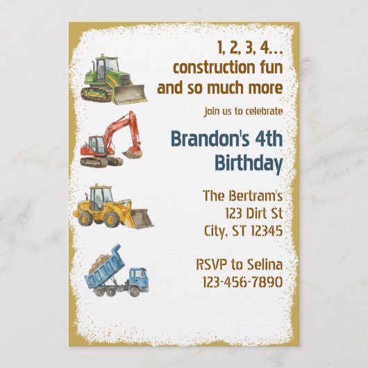 1,2,3,4 Construction Fun, 4th Birthday Kaart (Voorkant)