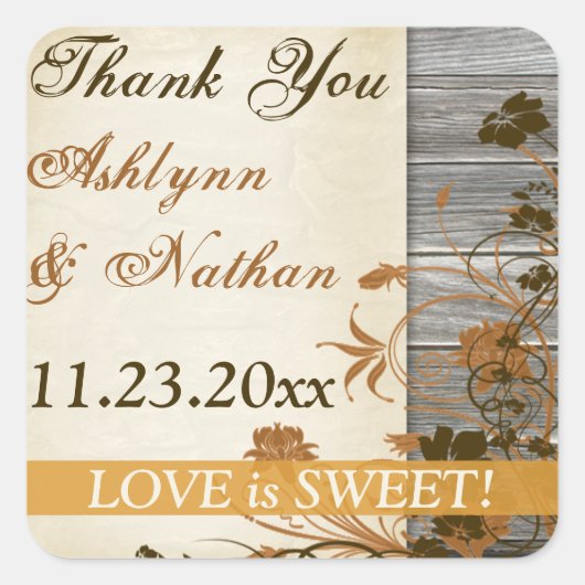 1,5-inch herfstbloemen, houten bruiloft, bedankt vierkante sticker (Voorkant)