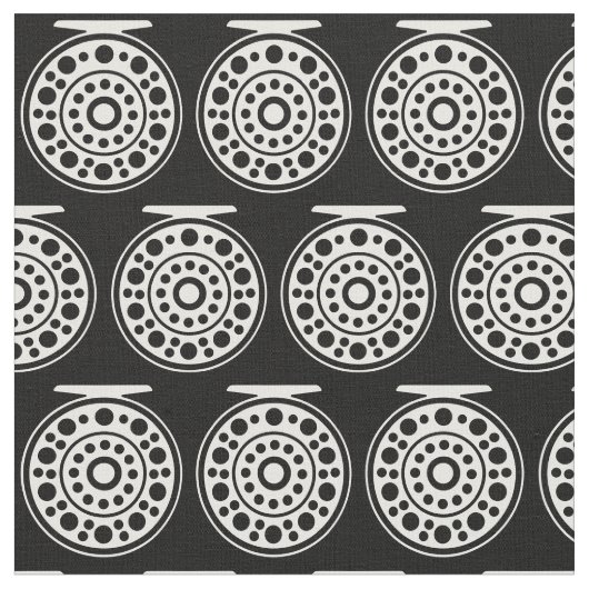 1,5-inch White Fly Fishing Reel Art over zwart Stof (Close Up)