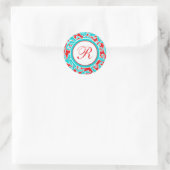 1,5" Ronde Blauw Rood Wit Damask Monogram Sticker (Tas)