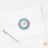 1,5" Ronde Blauw Rood Wit Damask Monogram Sticker (Envelop)