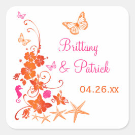 1,5" roze, Sinaasappel, witte tropische bruiloft S Vierkante Sticker