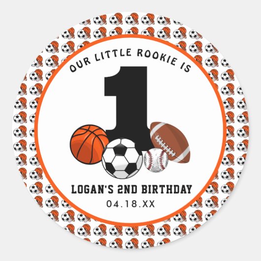 1 Ball Sports Theme Boy's 1st Birthday Ronde Sticker (Voorkant)