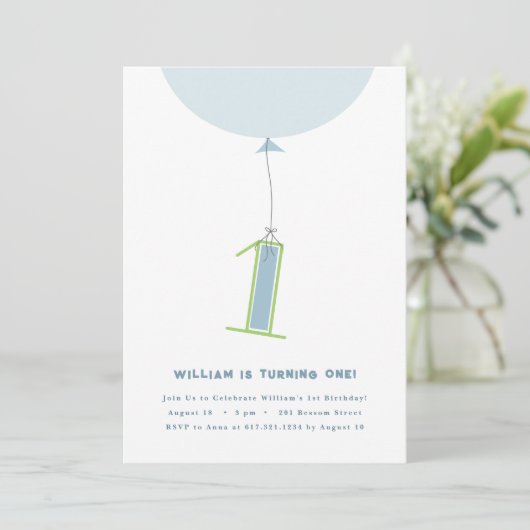 #1 Ballon Eerste Verjaardag uitnodiging (Staand voorkant)