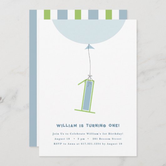 #1 Ballon Eerste Verjaardag uitnodiging (Voorkant / Achterkant)