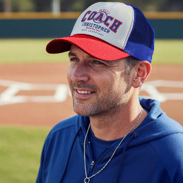 #1 Best Baseball Coach Fun Custom Name Team & Year Trucker Pet