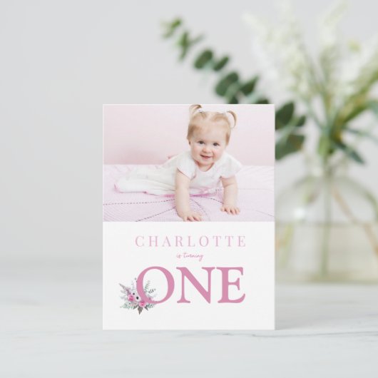 1 bloemige 1e verjaardag uitnodiging draaien (Staand voorkant)