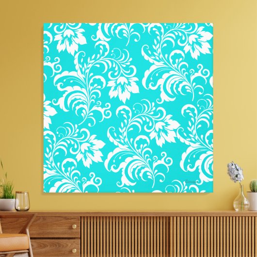 1 Canvas Blauwgroen Blauw Wit Damask Floral Afdruk (Insitu (Woonkamer))