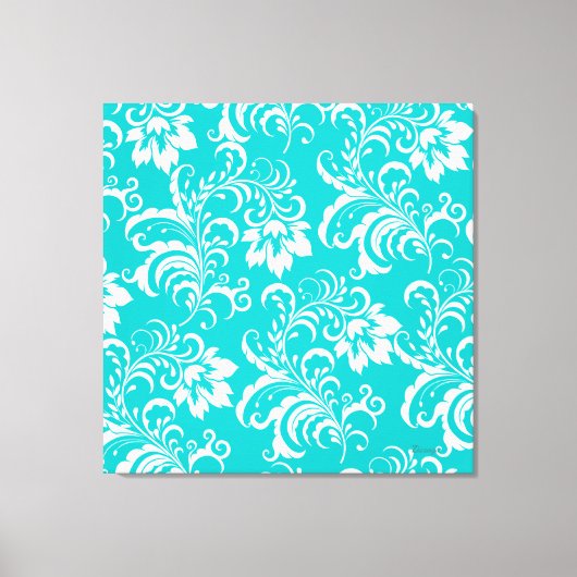1 Canvas Blauwgroen Blauw Wit Damask Floral Afdruk (Voorkant)