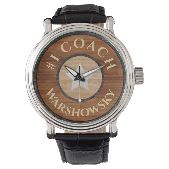 #1 Coach Rustic Brown Wood Star Horloge (Voorkant)