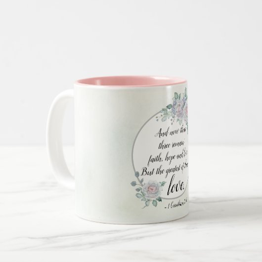 1 Corinthians 13:13 Faith Hope Love, Bijbelverse Tweekleurige Koffiemok (Voorkant links)