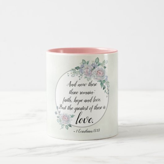 1 Corinthians 13:13 Faith Hope Love, Bijbelverse Tweekleurige Koffiemok (Center)