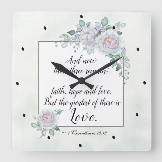 1 Corinthians 13:13 Faith Hope Love, Bijbelverse Vierkante Klok (Voorkant)