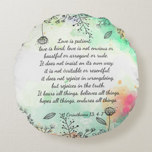 1 Corinthians 13: 4-7 Rond Kussen (Voorkant)