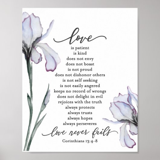 1 Corinthians 13:4-8 Love is Patient Lavender Iris Poster (Voorkant)