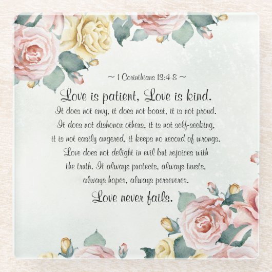 1 Corinthians 13:4-8 Love is Patient, Love is Type Glazen Onderzetter (Voorkant)