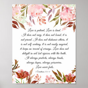 1 Corinthians 13:4-8 Love is Patient Pink Floral Poster