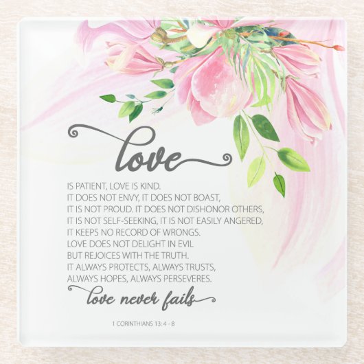 1 Corinthians 13:4-8 Love is Patient Pink Magnolia Glazen Onderzetter (Voorkant)
