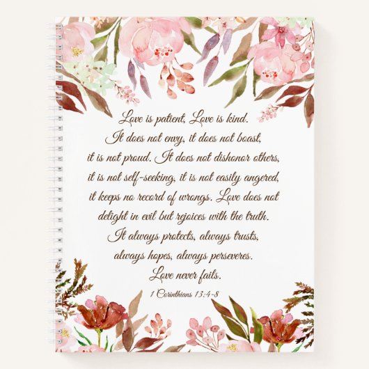 1 Corinthians 13:4-8 Love is Patient Pink Wedding Notitieboek (Voorkant)