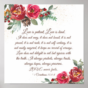 1 Corinthians 13:4-8 Love is Patient Red Roses Poster