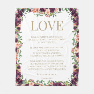 1 Corinthians 13 Love Bible Verse Burgundy Floral Fleece Deken